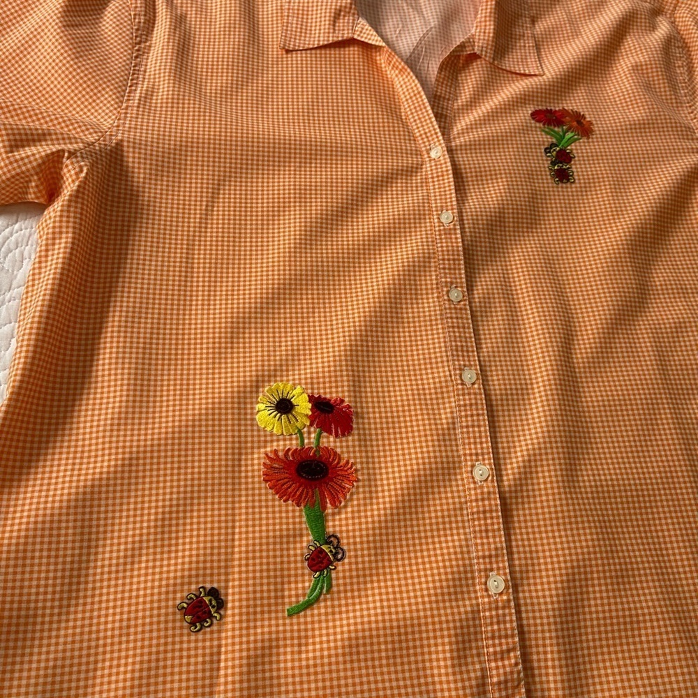 Las Olas Orange and White Gingham Button Down Shirt Cottagecore Cabincore Retro - Picture 9 of 14